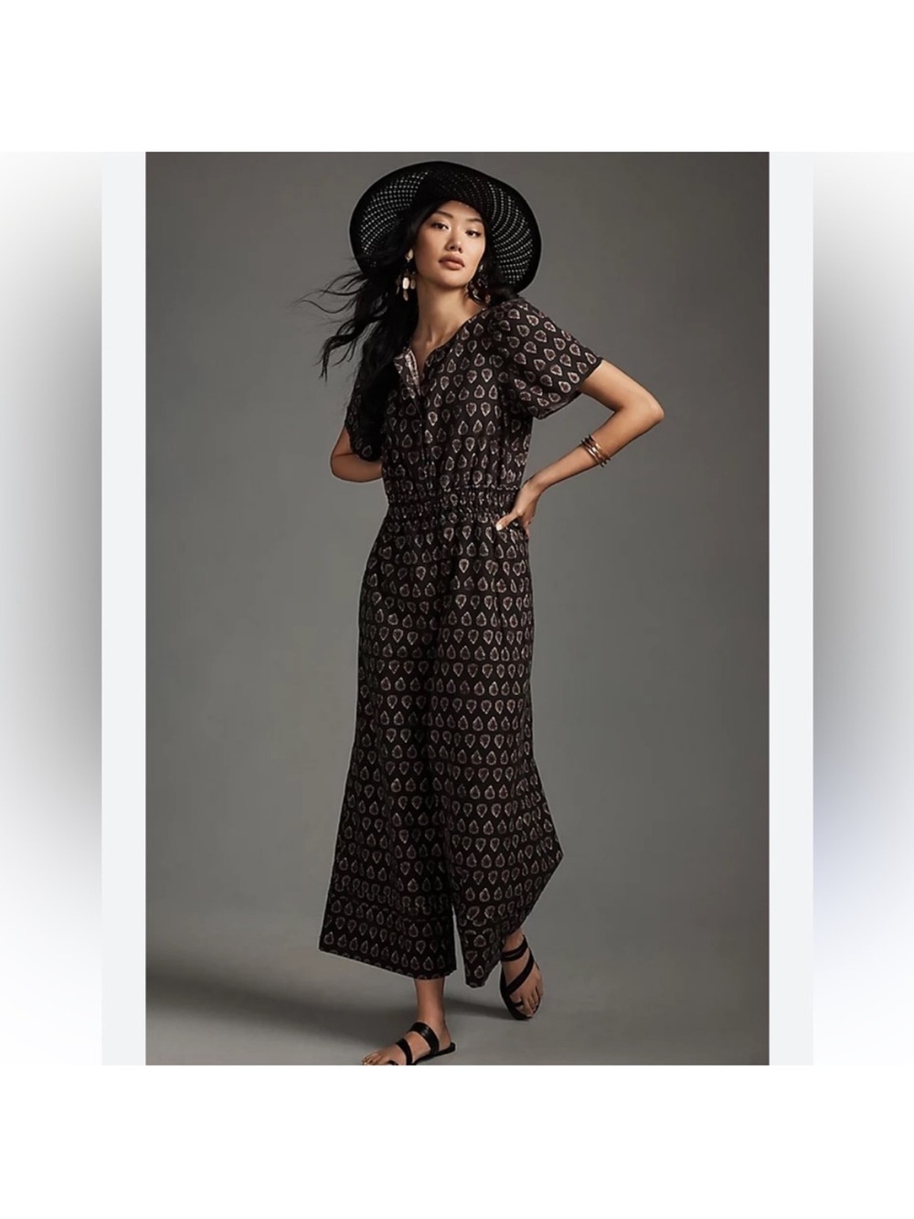 Anthropologie Somerset Black Patterned Short-Sleeve Jumpsuit size Small